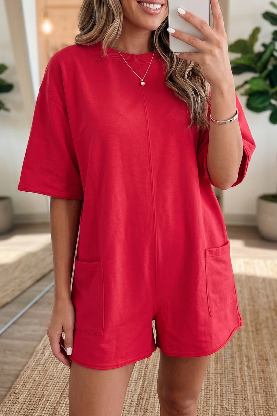 Raw Edge Half Sleeve Pocketed Loose Romper