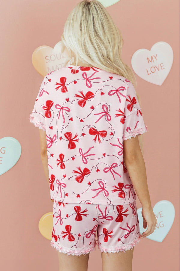 Bow Print Loose Tee & Drawstring Shorts Lounge Set Women UK