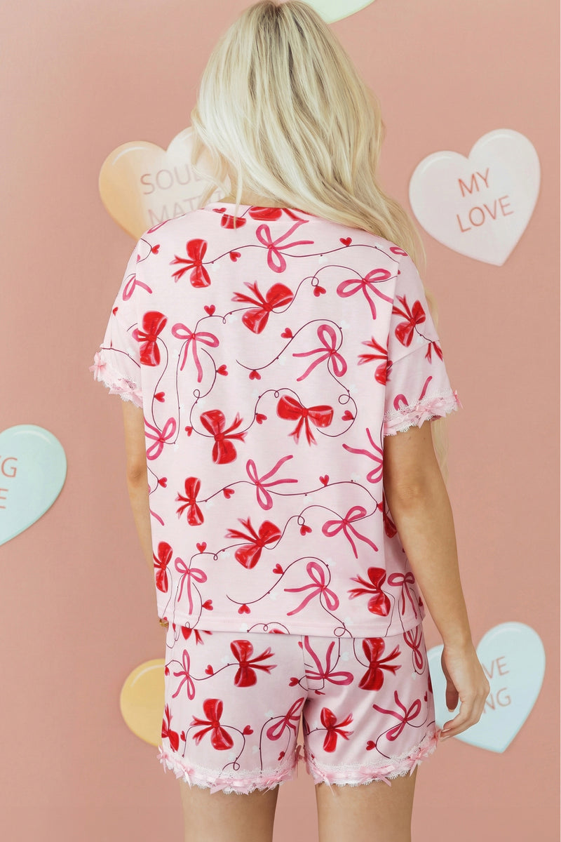 Bow Print Loose Tee & Drawstring Shorts Lounge Set Women UK