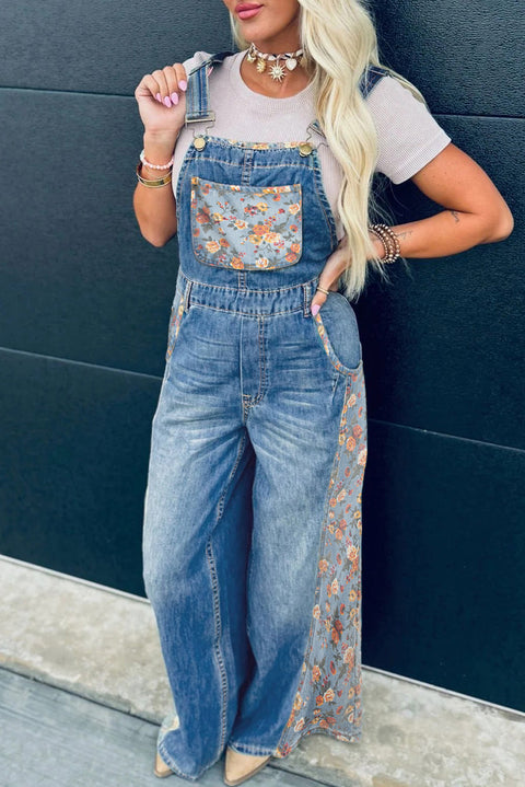 Floral Patchwork Bib Wide Leg Denim Overalls Women UK