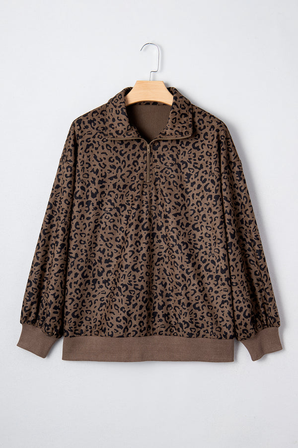 Brown Leopard Print Corduroy Half-Zip Jumper