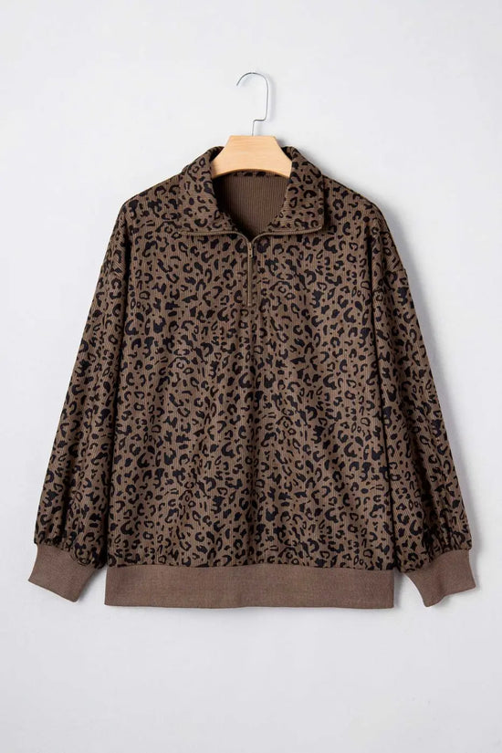 Women's Brown Leopard Print Corduroy Half-Zip Jumper with ribbed cuffs and hem, ideal for fall layering in casual western style.