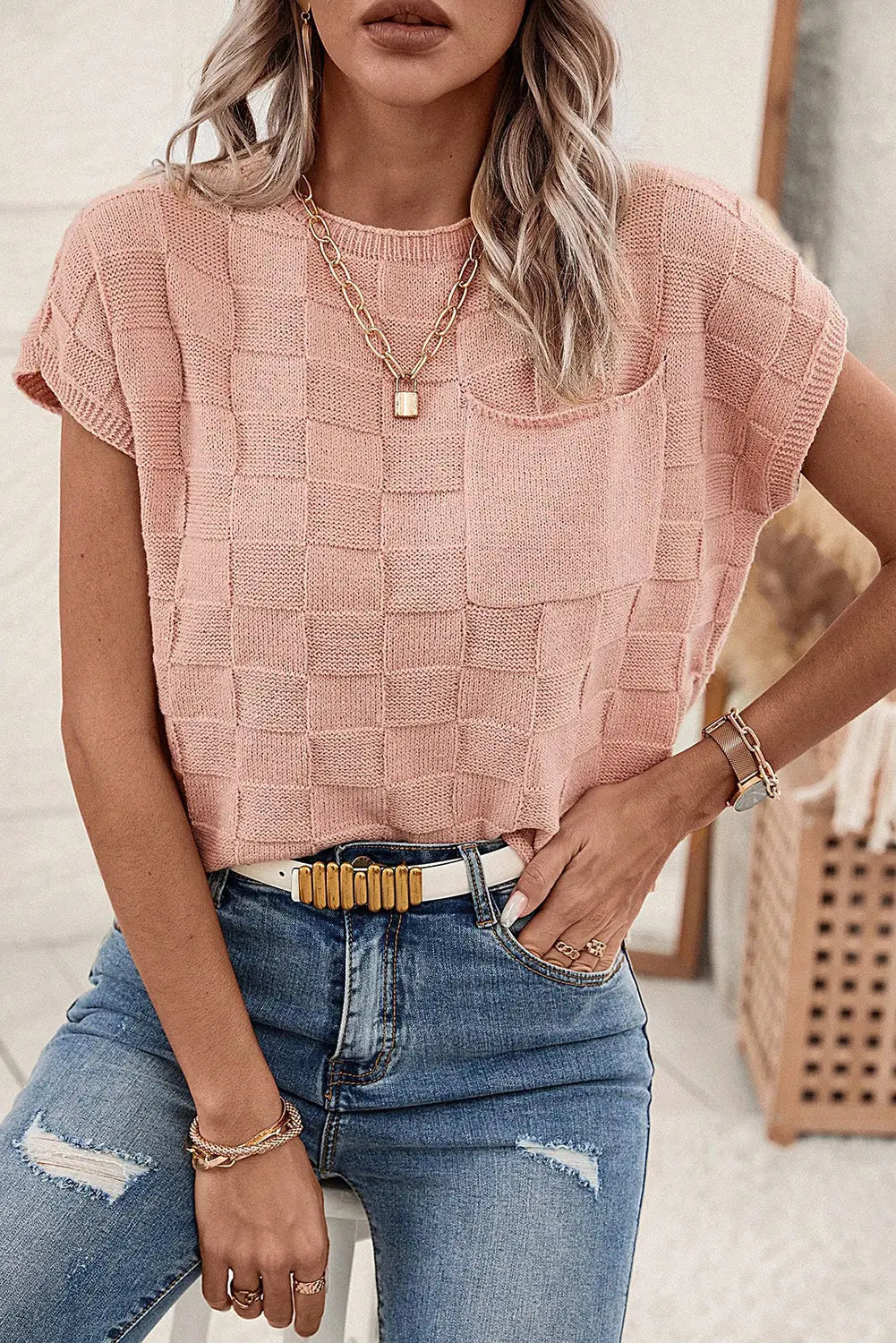 Lattice textured knit sweater – short sleeves sweaters