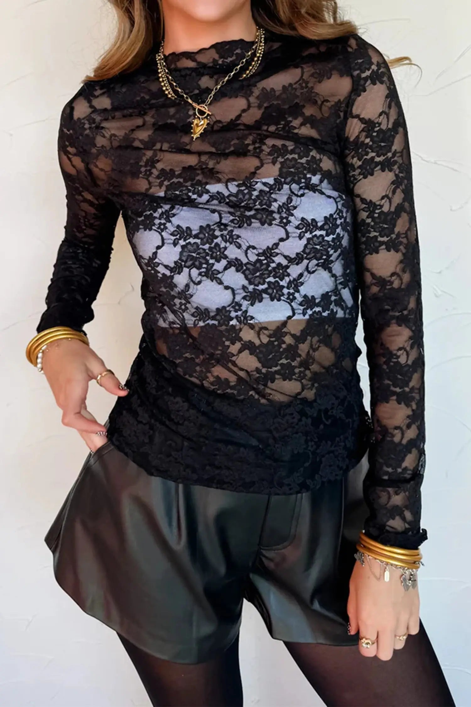 Black sheer floral lace lettuce trim mock neck long sleeve top