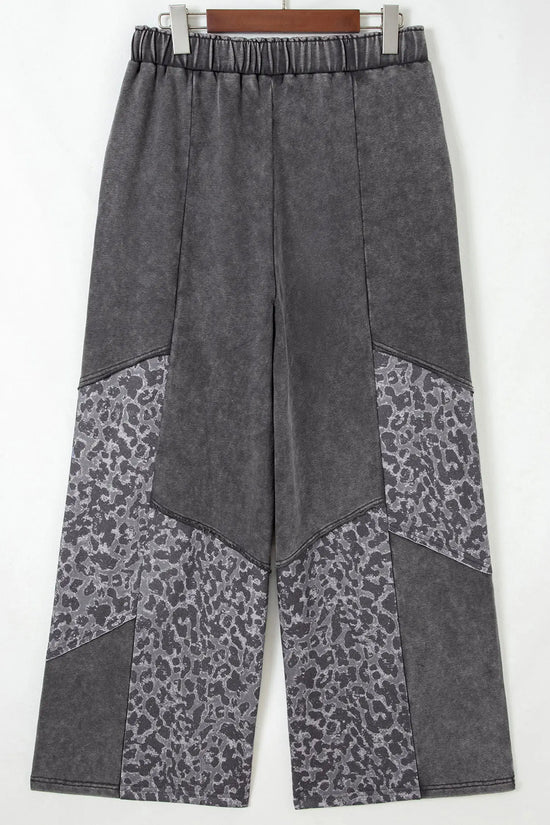 Dark grey plus size leopard patchwork mineral wash wide leg pants