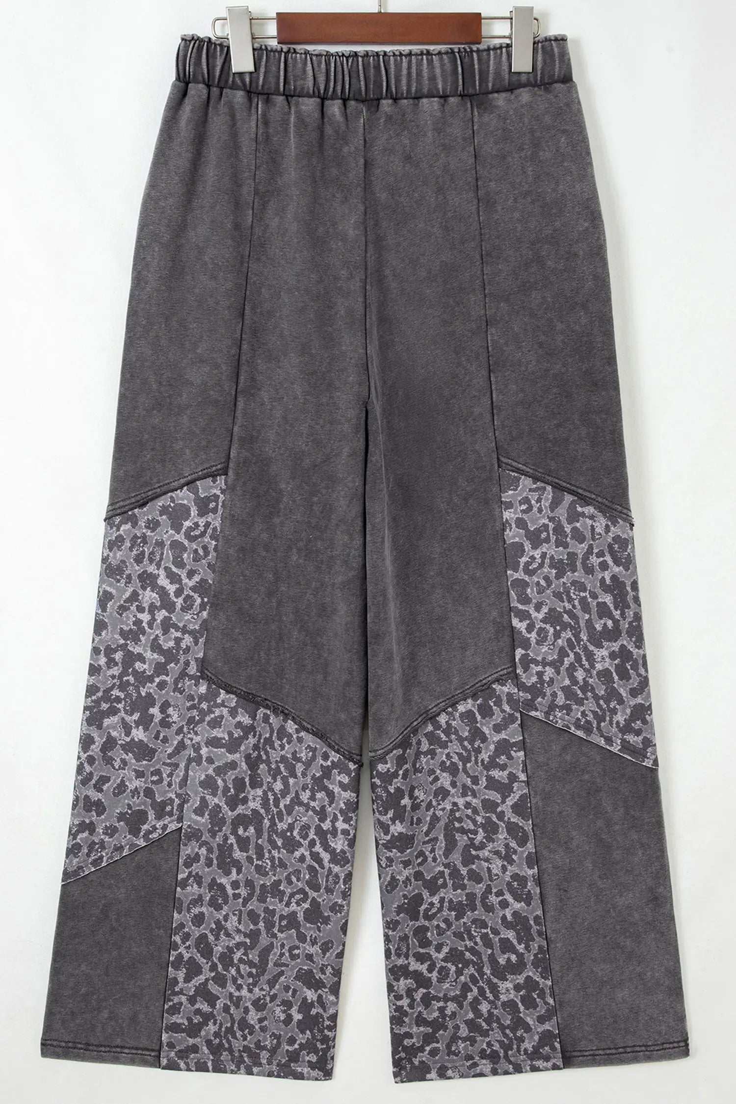 Dark grey plus size leopard patchwork mineral wash wide leg pants