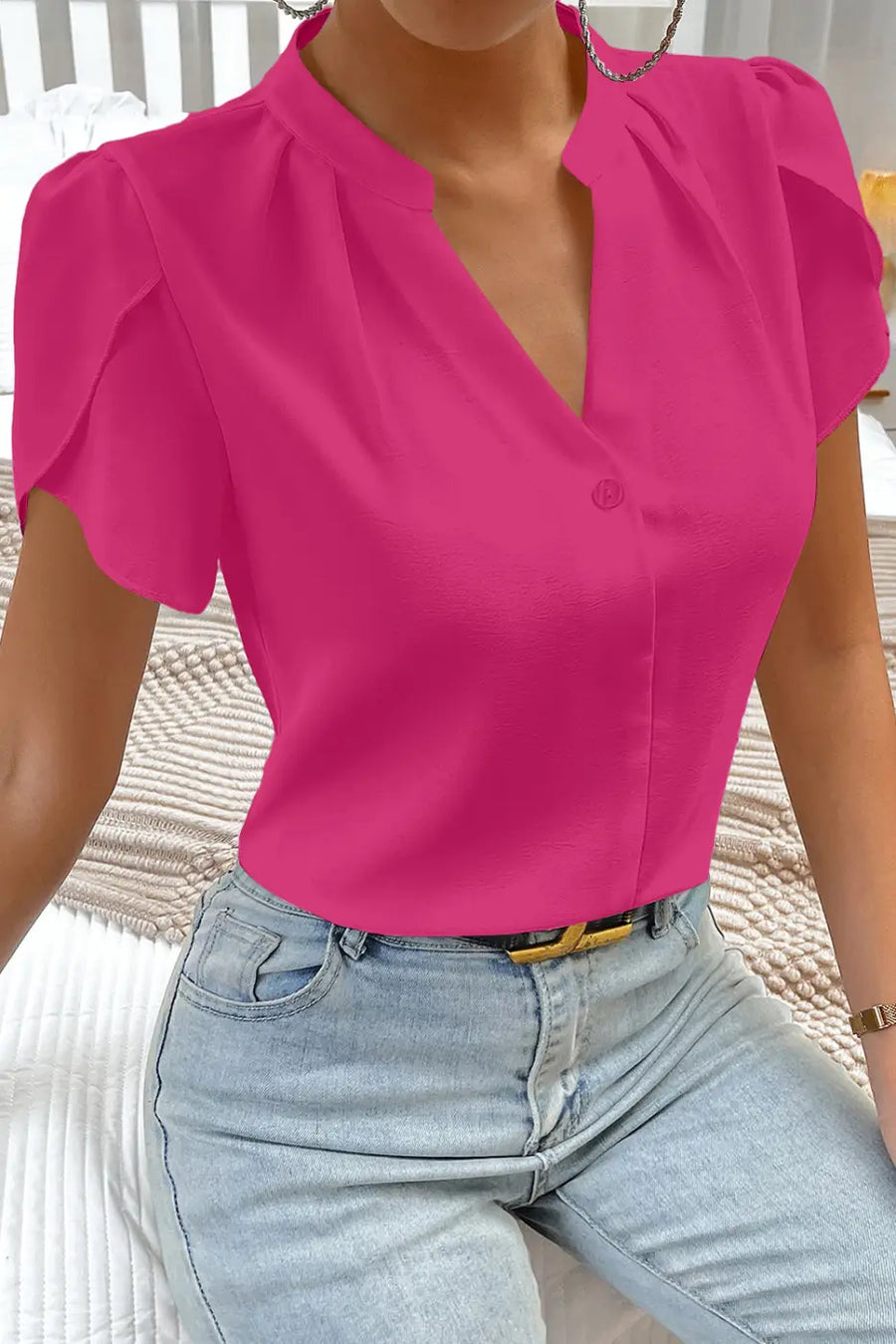 Women’s silky petal sleeve notched neckline blouse | fashionfitz