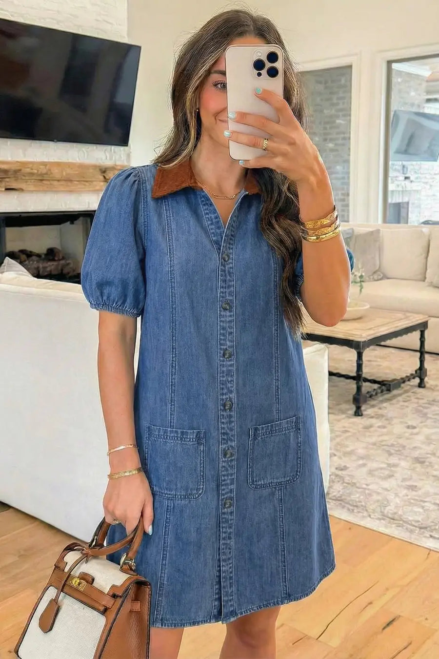 Women’s denim puff sleeve shirt collar mini dress | fashionfitz