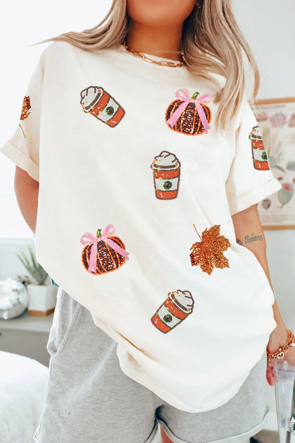 Sequin Pumpkin Fall Graphic Casual Tee Women UK