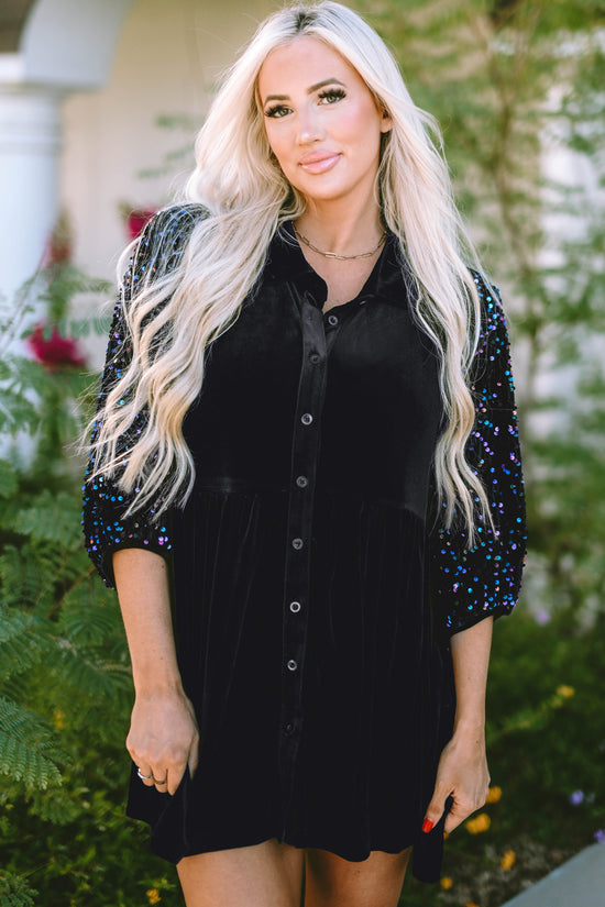 Black Sequin Puff Sleeve Velvet Peplum Shirt