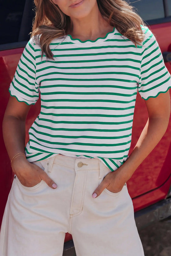 Scalloped trim stripe cotton t-shirt round neck short sleeve t-shirts