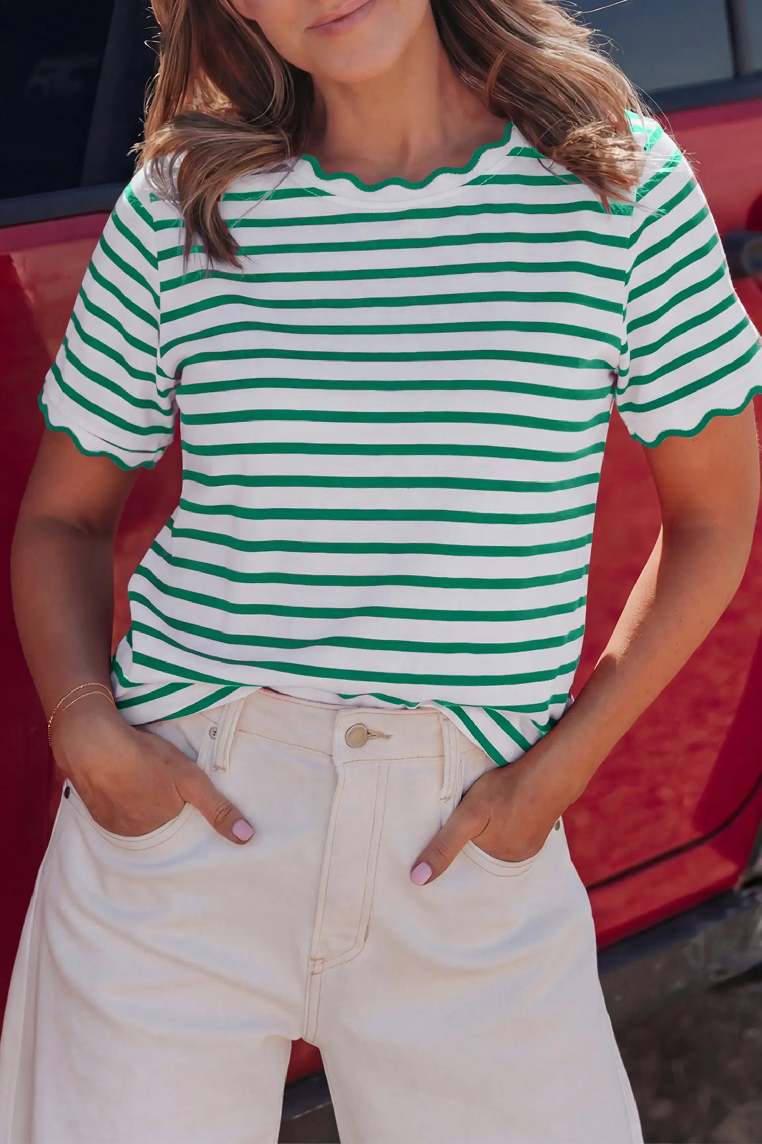 Scalloped trim stripe cotton t-shirt round neck short sleeve t-shirts