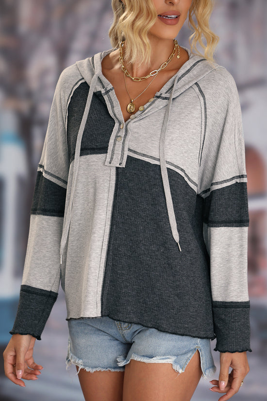 Color-Block Seamed Ribbed Henley Hoodie