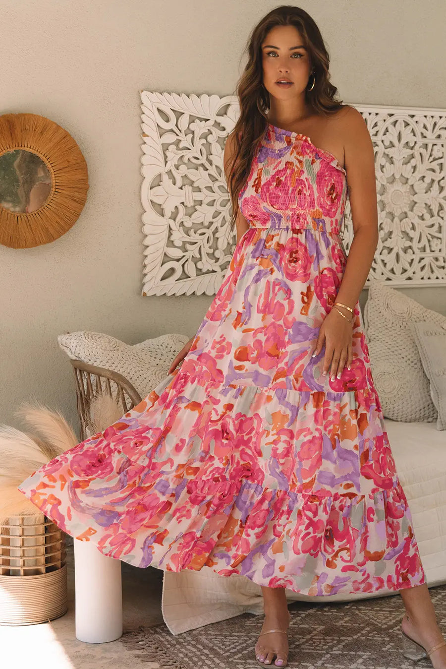 Pink Abstract Floral Shirred One Shoulder Maxi Dress Women UK