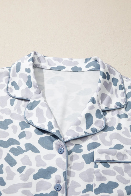 Camouflage print lapel shirt & shorts 2-piece pyjama set beige pajamas