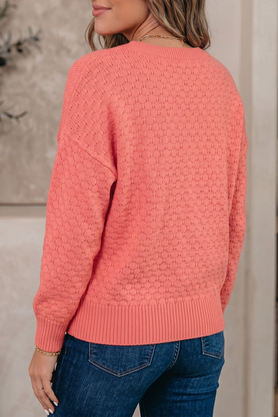 Patterned Knit Drop Shoulder Pullover Sweater Women UK