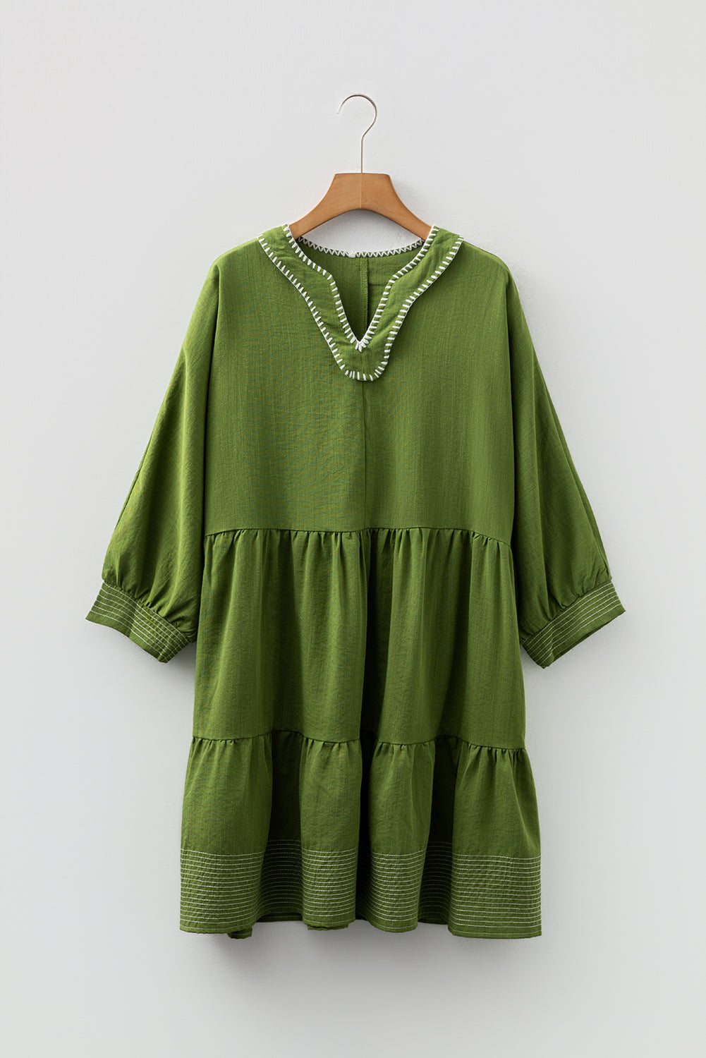 Stitch Detail Tiered V Neck Dress