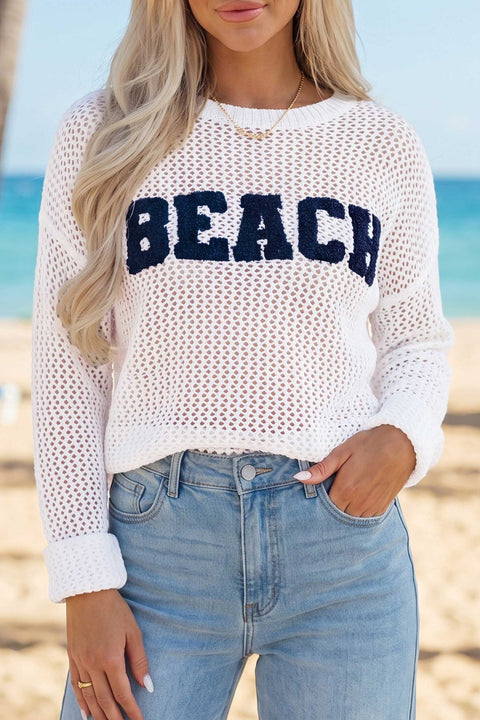 White chenille BEACH letter hollow out knit sweater front view — Fashionfitz UK