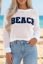 White chenille BEACH letter hollow out knit sweater front view — Fashionfitz UK
