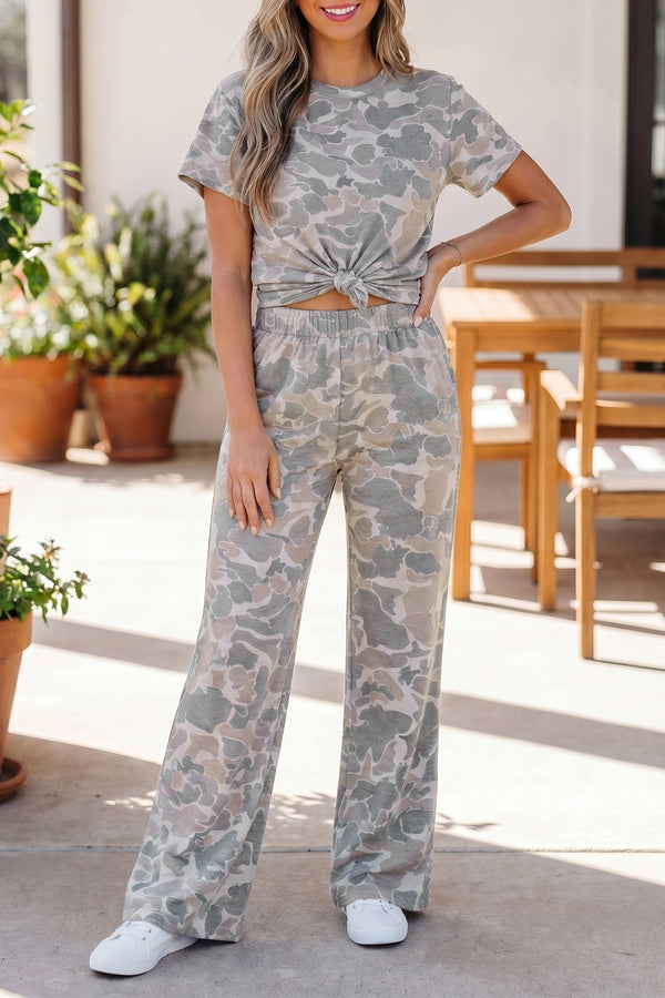 Camo Print Short Sleeve Tee & Wide Leg Pants Set Women UK