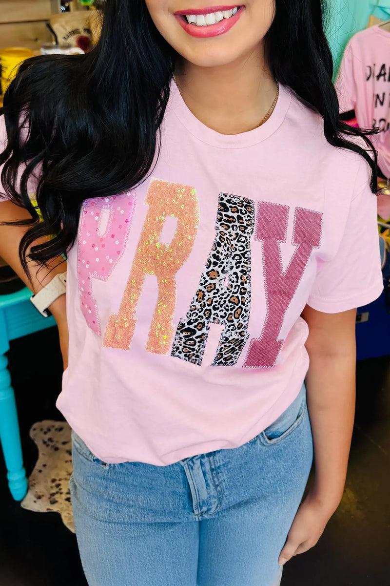 Pink Pray Sequin Leopard Patched Graphic Tee Women UK