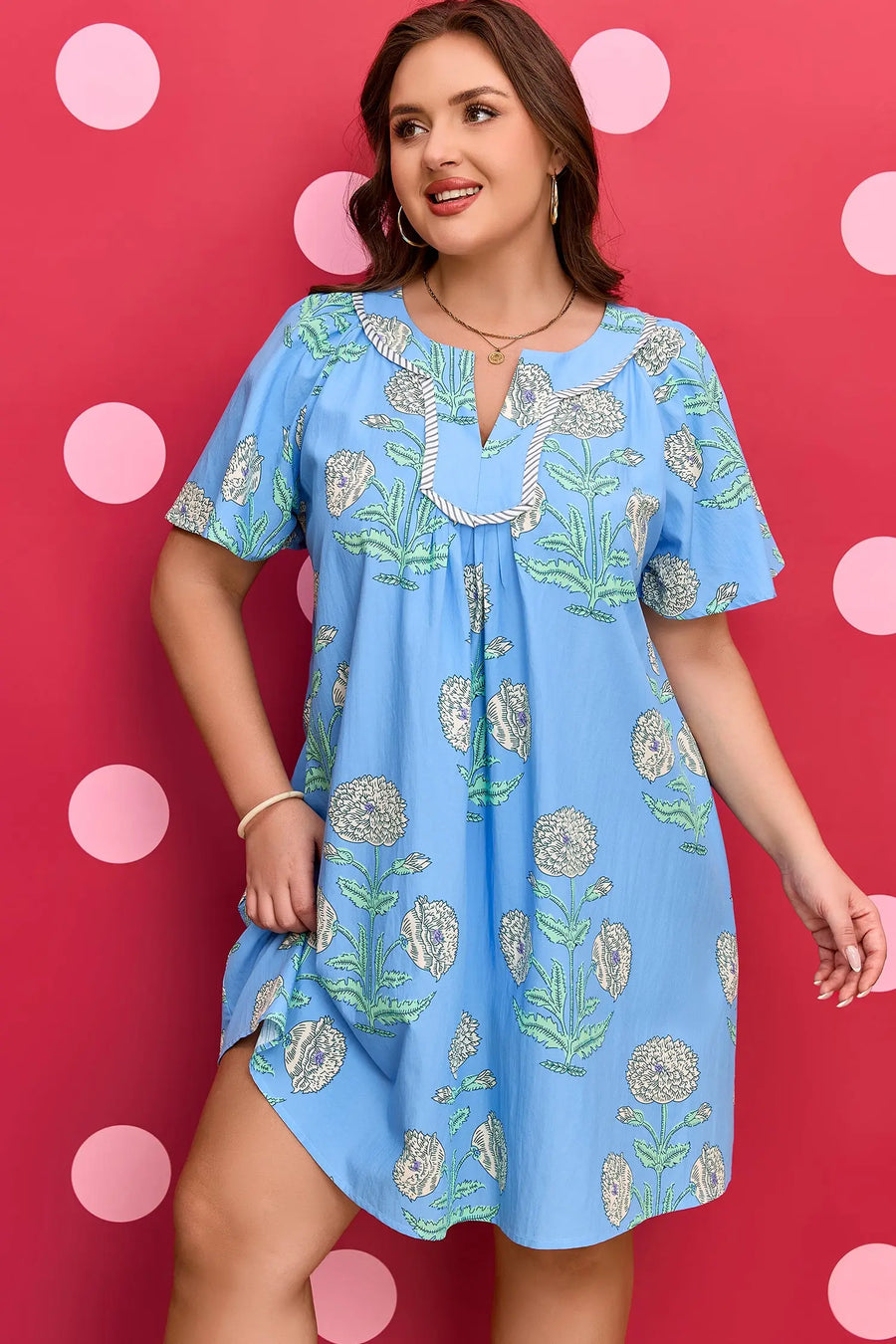 Sky Blue Plus Size Periwinkle Floral Split Neck Mini Dress Women UK — model shot