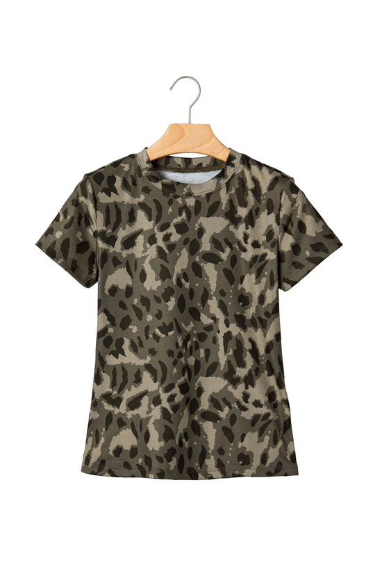 Leopard print slim tee mock neck short sleeve fitted sheath t-shirts