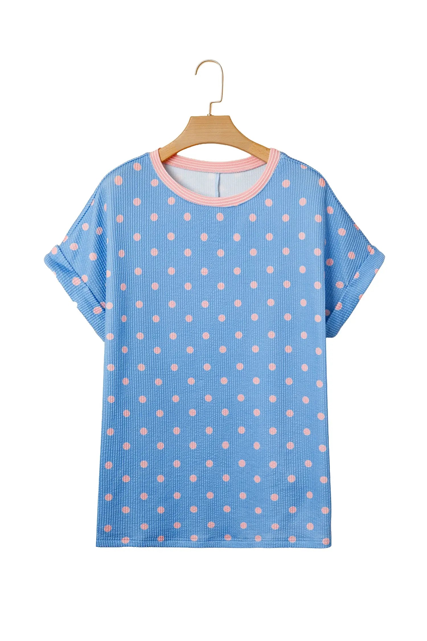 Raised rib polka dot print cuffed short sleeve top t-shirts