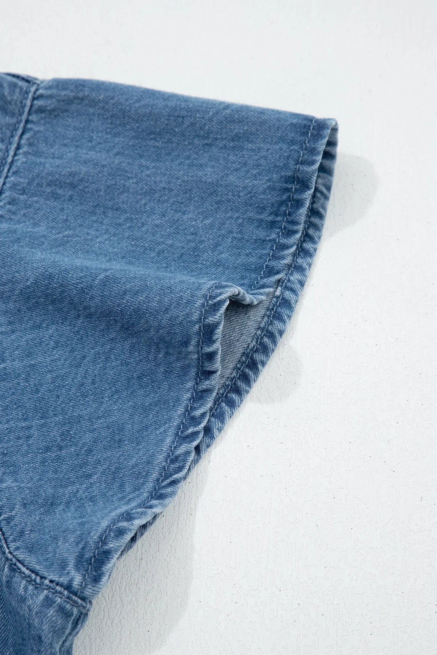 Dusk blue ruffled short sleeve denim shirt button down collar stitched yoke shirts