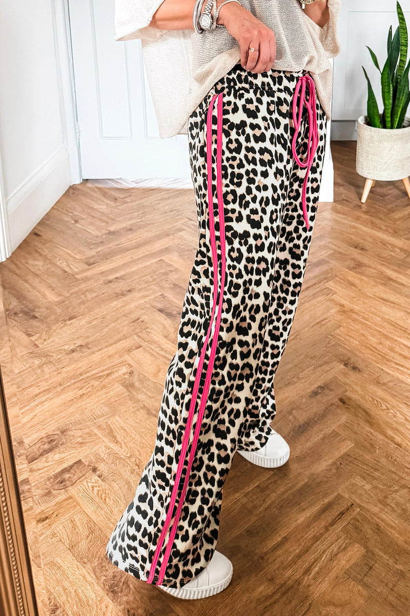 Side stripe leopard wide leg trousers back view — Fashionfitz UK