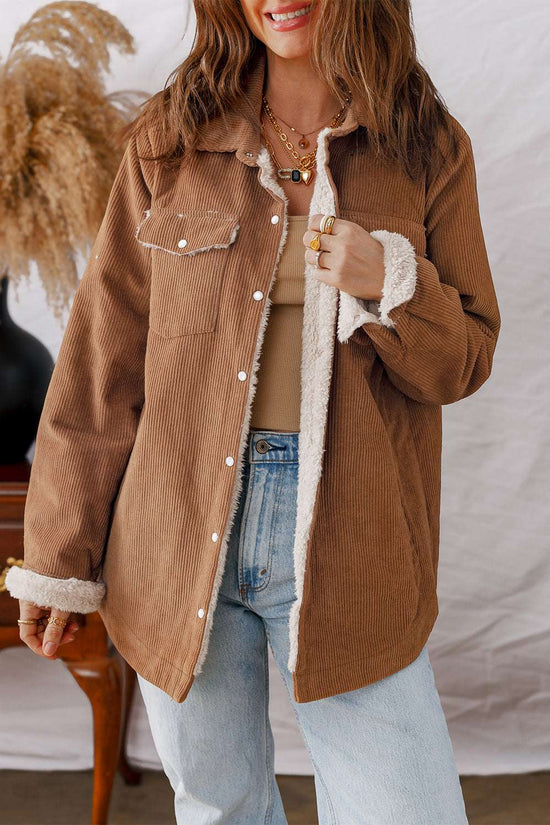 Front view of Fleece Lined Corduroy Jacket in versatile brown, featuring snap buttons and tailored casual fit.