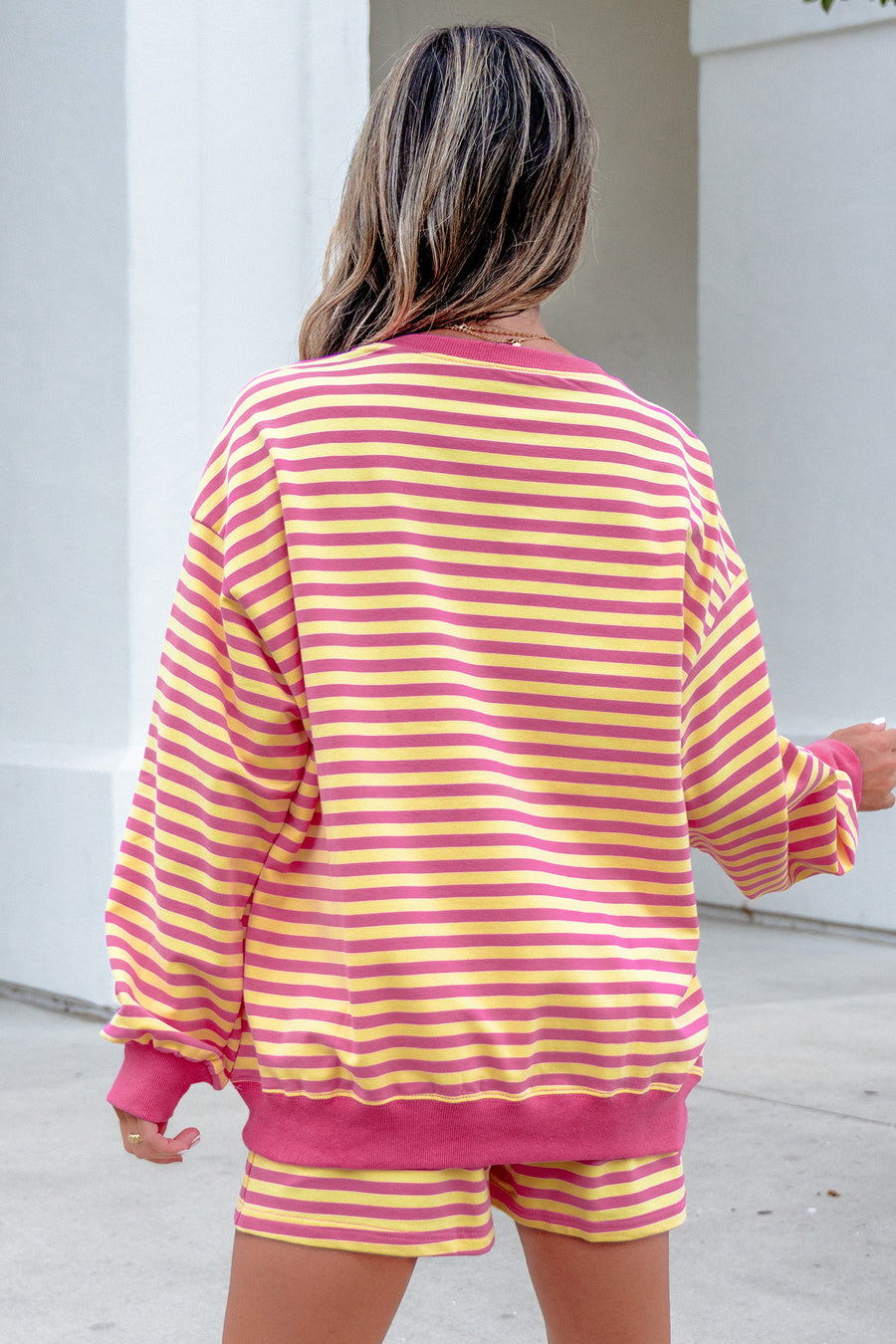 Yellow Stripe Colour Block Long Sleeve Top & Casual Shorts Set Women UK
