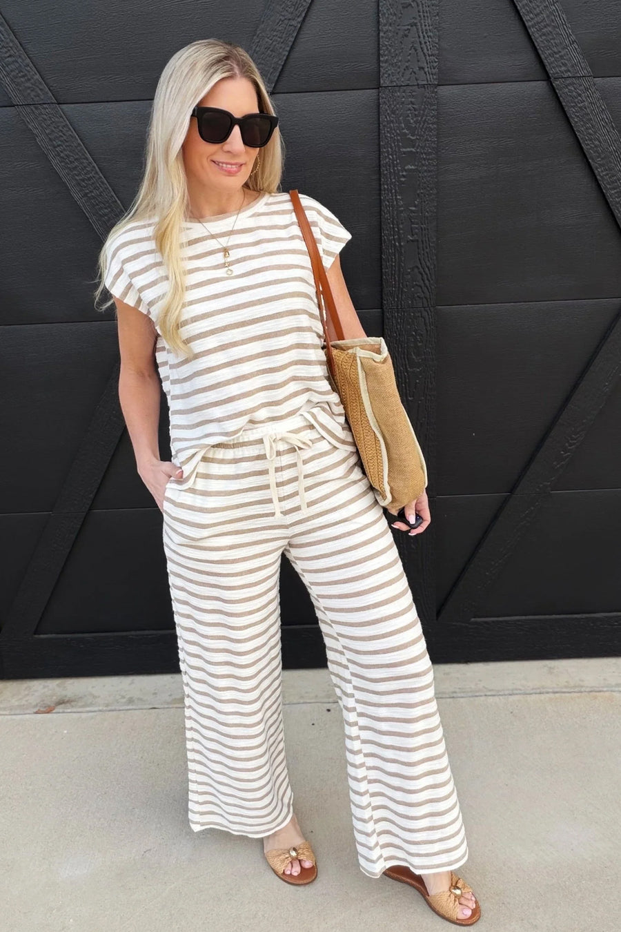 Khaki Stripe Cap Sleeve Pant Co-Ord Set Women UK — back view showing full drawstring pant and cap sleeve top — Fashionfitz