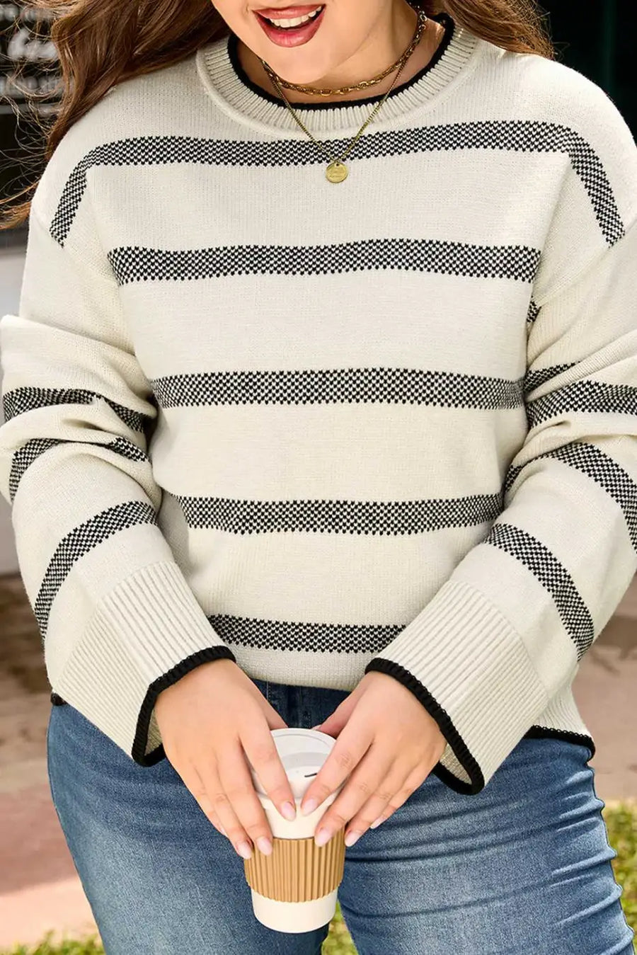 Apricot stripe bell sleeve plus size jumper styled view — Fashionfitz UK