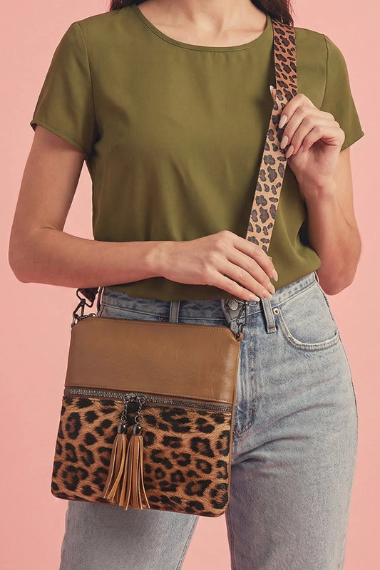 Women's leopard contrast PU leather mini shoulder bag front view