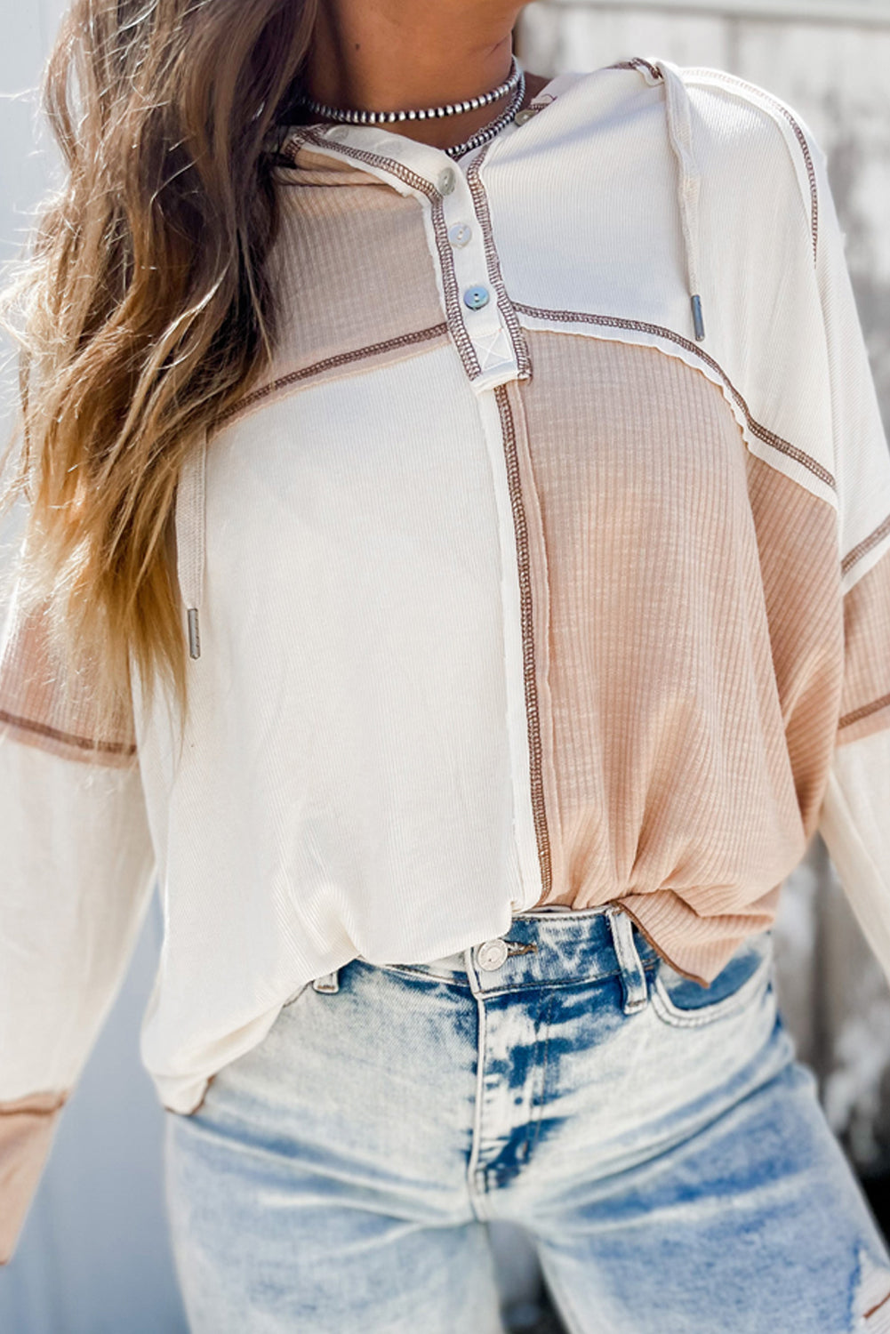 Color-Block Seamed Ribbed Henley Hoodie