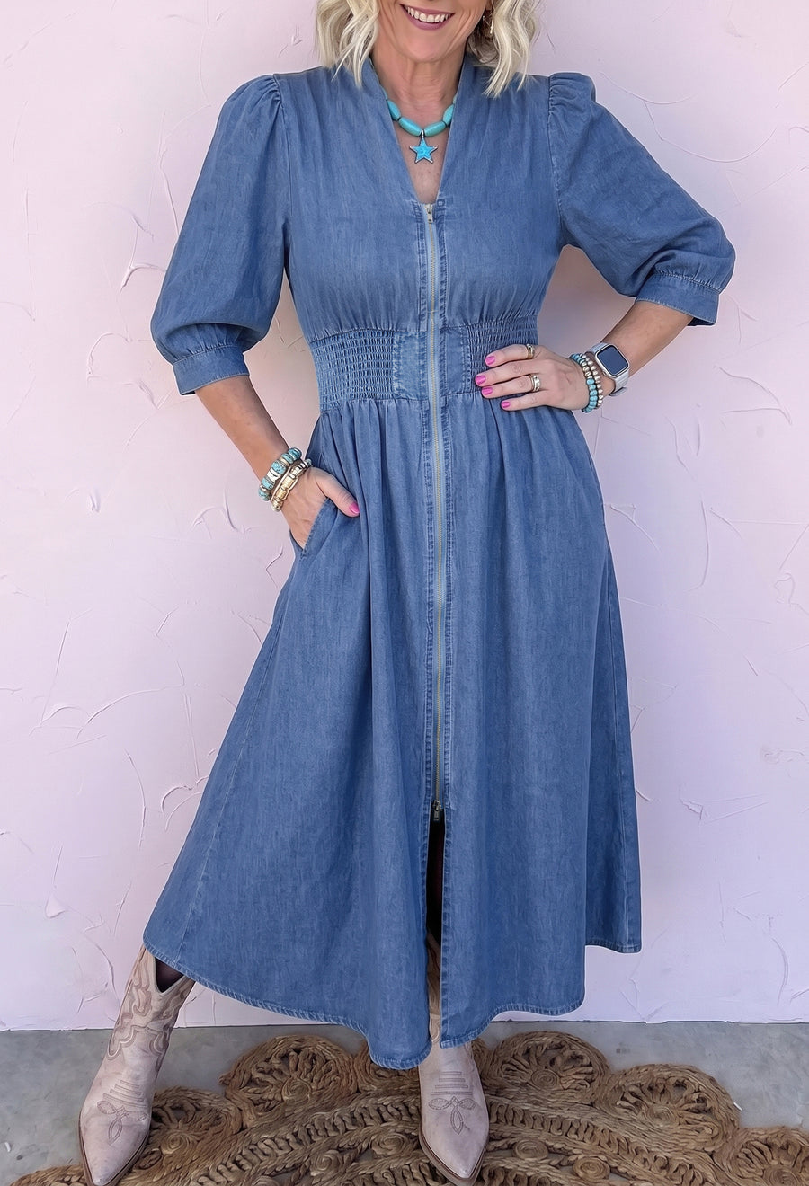 Shirred elasticated waist detail on V neck denim midi dress — Fashionfitz UK