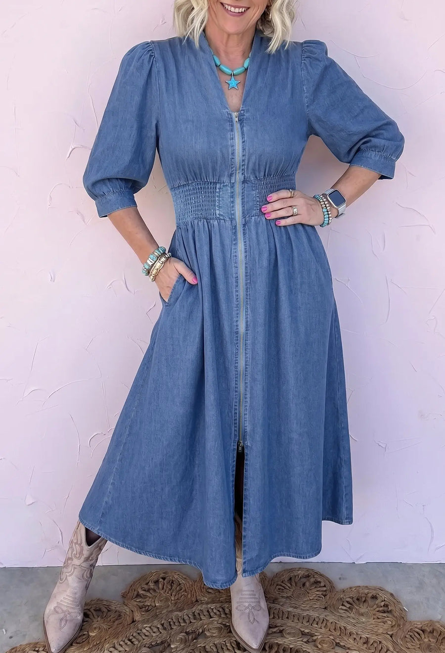 Shirred elasticated waist detail on V neck denim midi dress — Fashionfitz UK