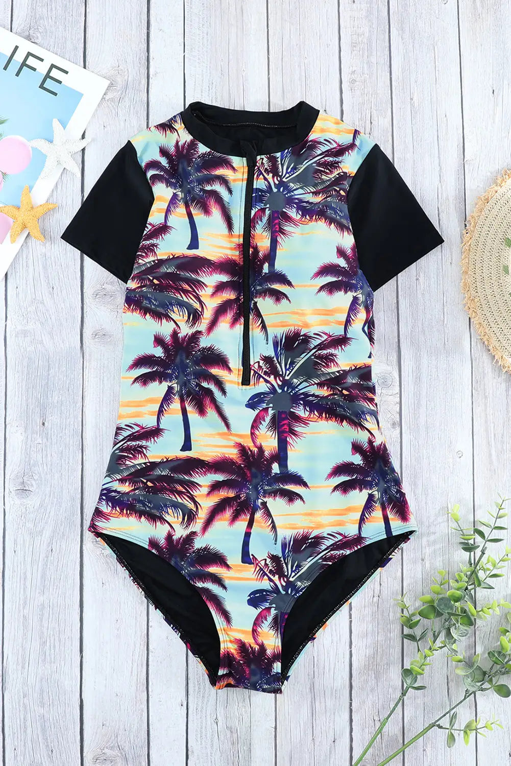 Beach sunset zip front half sleeve one piece swimsuit - swimsuits