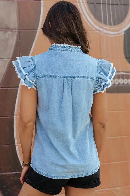 Beau blue button frayed denim top