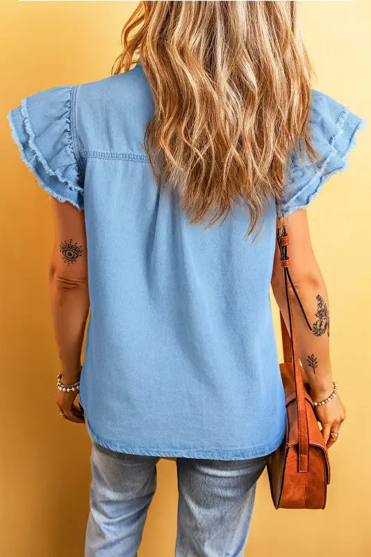 Beau blue button frayed denim top