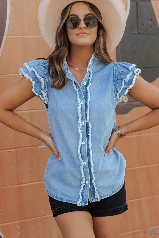 Beau blue button frayed denim top