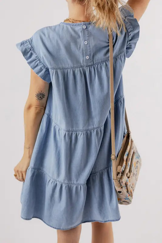 Beau blue denim dress - ruffle short sleeve tiered a-line - dresses