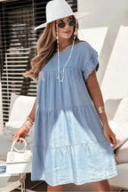 Beau Blue Denim Dress - Ruffle Short Sleeve Tiered A-line - Fashionfitz