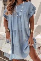 Beau Blue Denim Dress - Ruffle Short Sleeve Tiered A-line - Fashionfitz