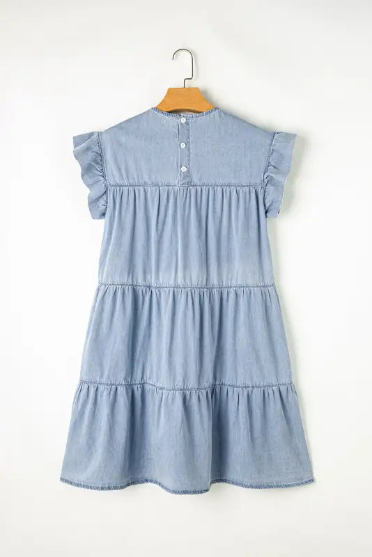 Beau blue denim dress - ruffle short sleeve tiered a-line - dresses