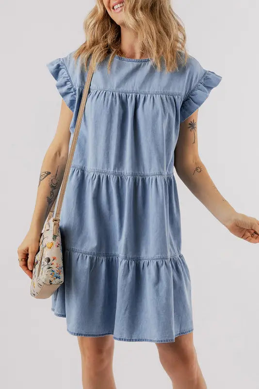 Beau blue denim dress - ruffle short sleeve tiered a-line - s / 95% cotton + 5% polyester - dresses