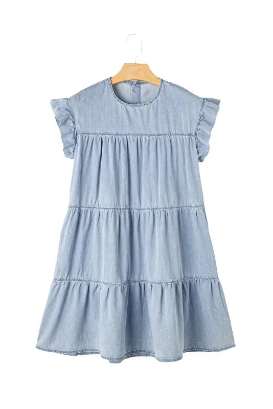 Beau blue denim dress - ruffle short sleeve tiered a-line - dresses