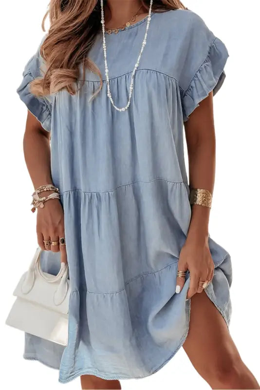 Beau blue denim dress - ruffle short sleeve tiered a-line - dresses