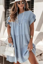 Beau Blue Denim Dress - Ruffle Short Sleeve Tiered A-line - Fashionfitz
